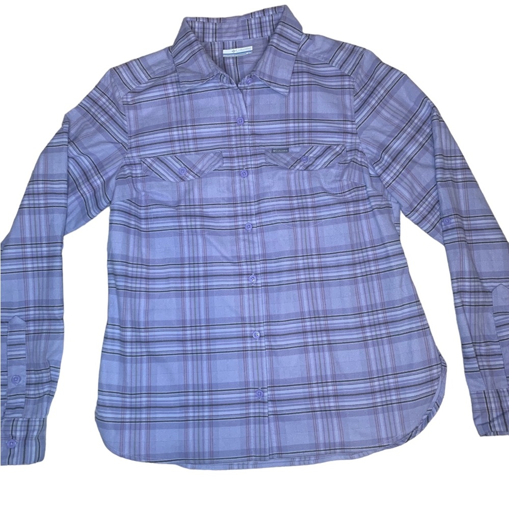 Columbia Womens Plaid Flannel Button Up Hiking Shirt Outdoors Medium Purple Top